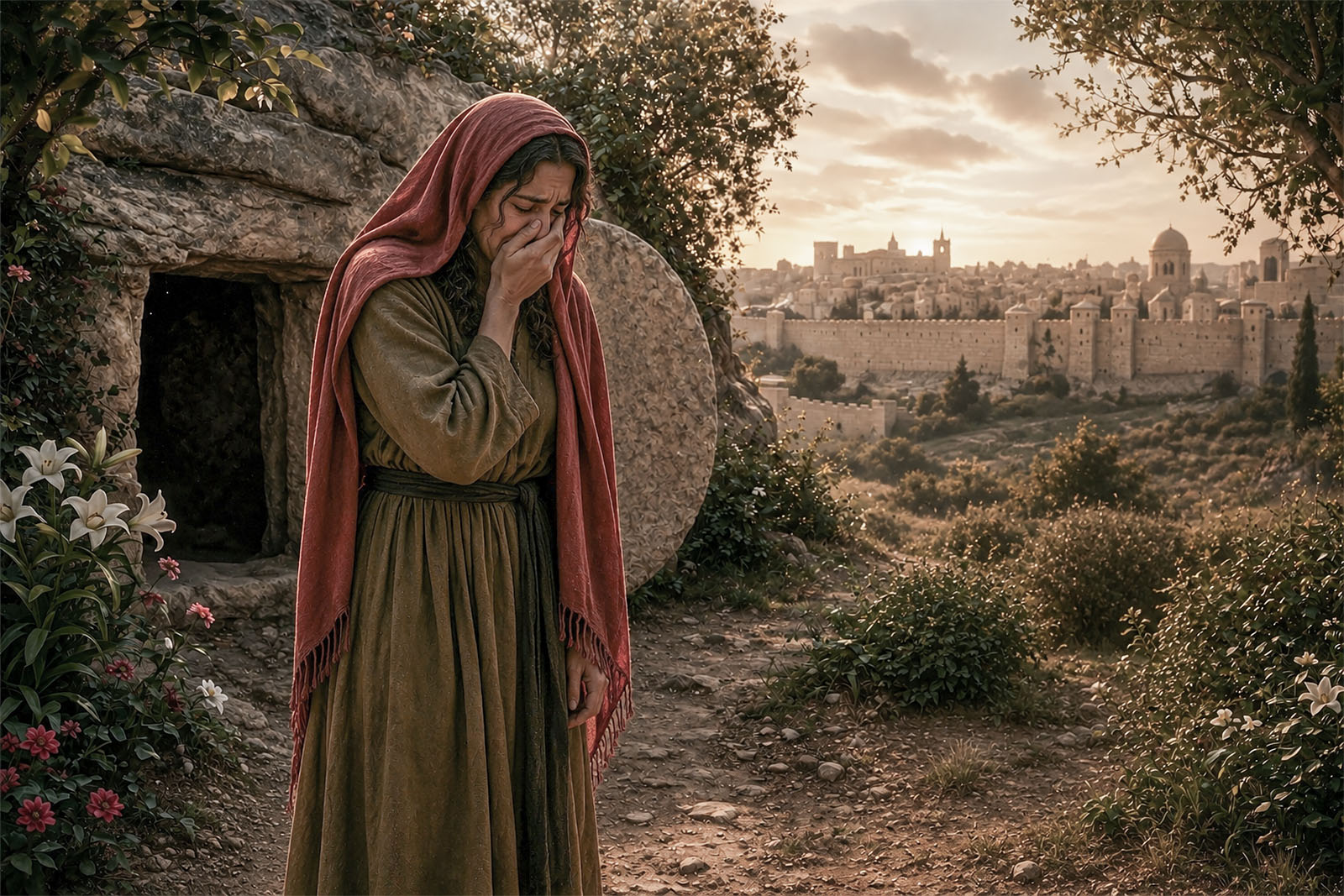 Mary Magdalene weeps outside the tomb of Christ